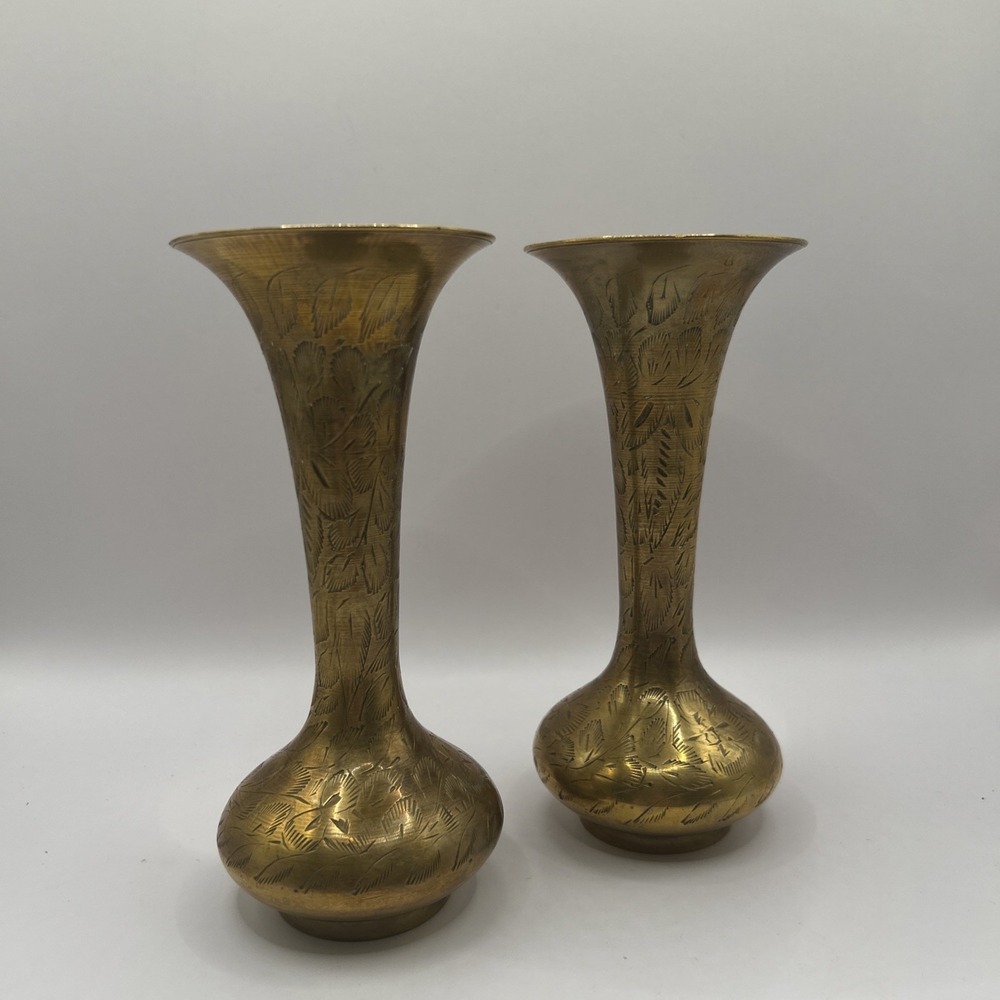 Vintage Engraved Brass Bud Vases – Ornate Floral Design – Small Decorative Pair
